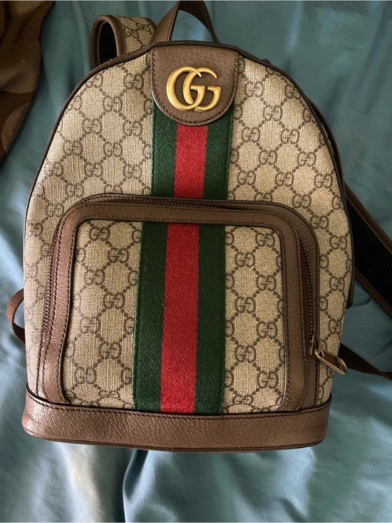 Gucci Other - Gucci Beige/Brown GG Canvas Backpack with Green-Red Web and Gold Hardware
